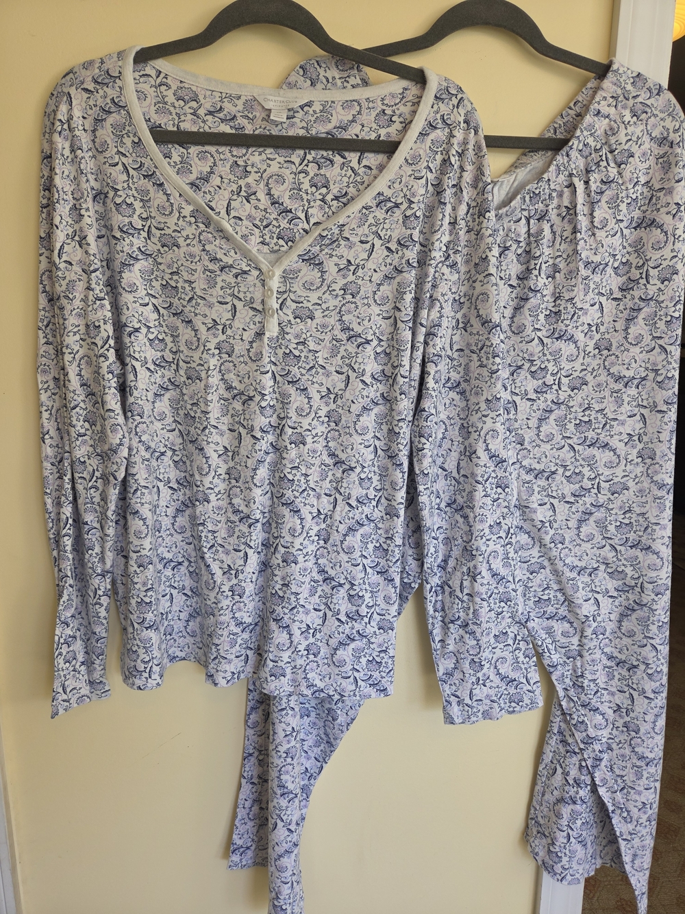 Charter Club Light Blue and White Paisley Long-Sleeve Pajama Set